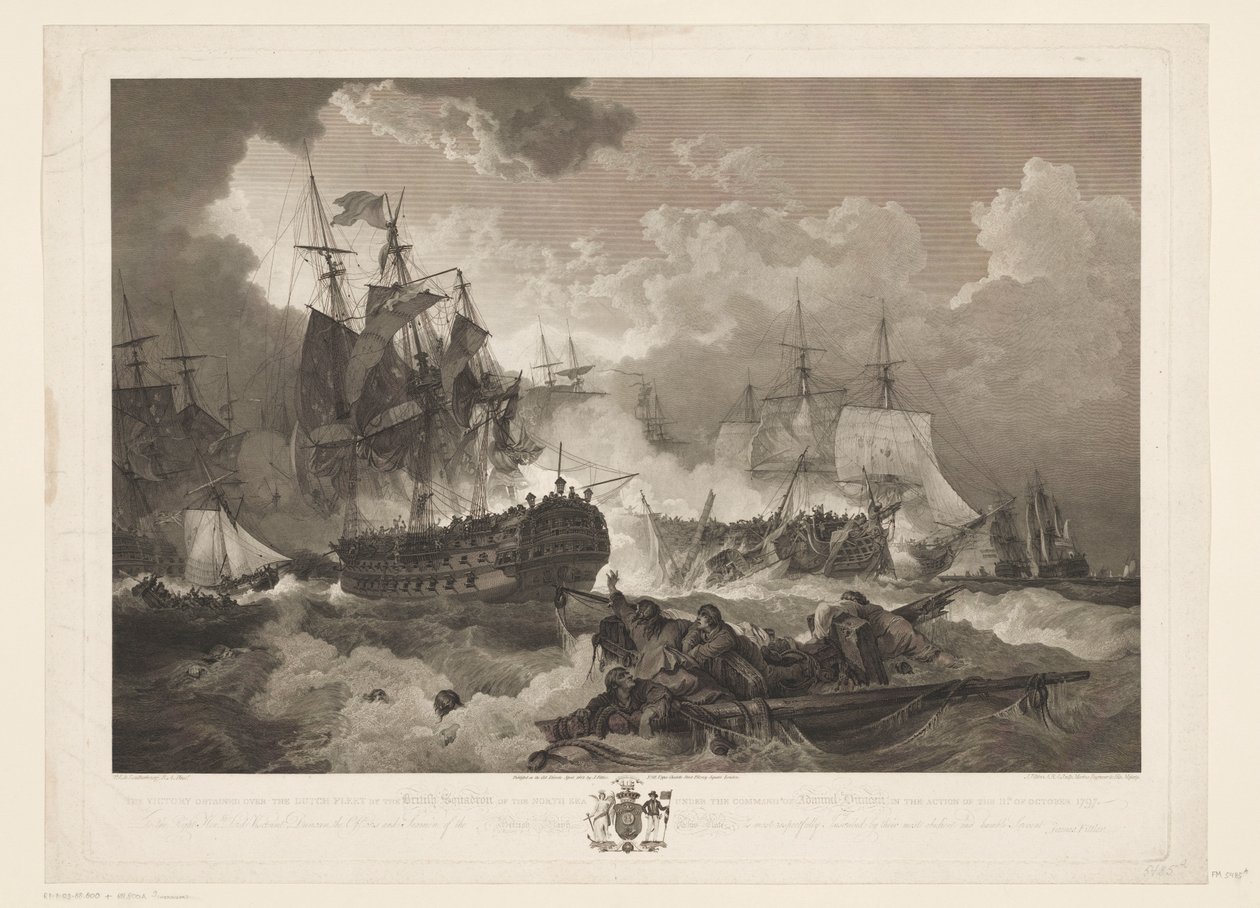 سلاج بيج كامبردين 1797 الانتصار على الأسطول الهولندي من قبل السرب البريطاني لبحر الشمال تحت قيادة الأدميرال دنكان في 11 أكتوبر 1797 (العنوان على الجسم) بواسطة جيمس فيتلر