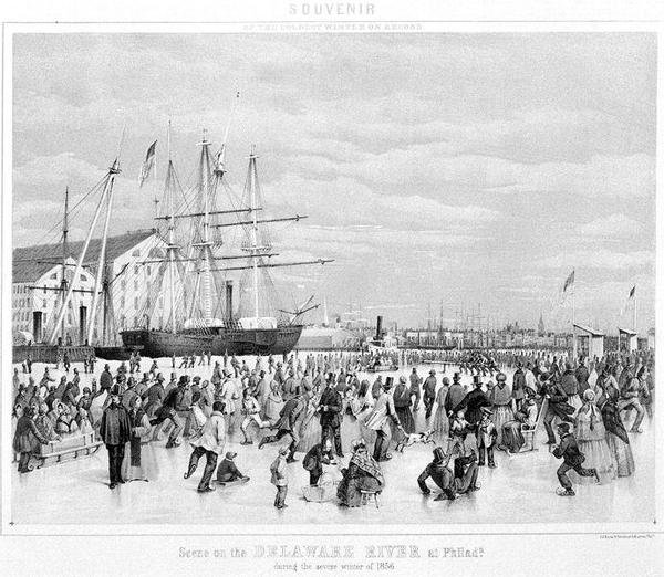 مشهد لنهر ديلاوير في فيلادلفيا خلال شتاء عام 1856 ، حوالي 1860 (ليثو) (صورة بالأبيض والأسود) بواسطة جيمس فولر كوين