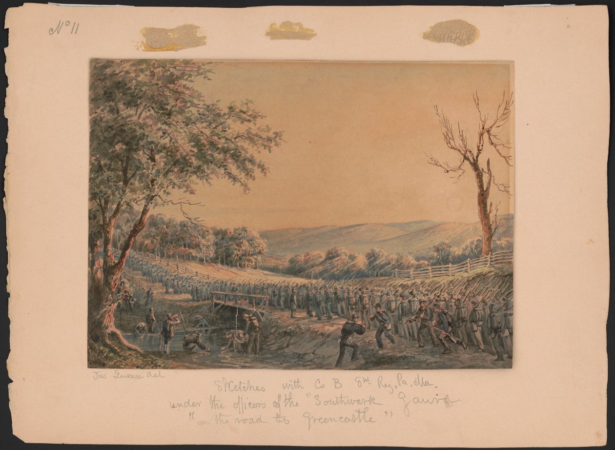 اسكتشات مع شركة ب ، ريج الثامن. بنسلفانيا. تحت ضباط Southwark Gaurd القديم [كذا] على الطريق إلى Greencastle / Jas. كوين ديل. الملخص / المتوسط بواسطة جيمس فولر كوين