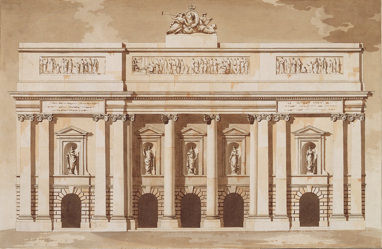 الارتفاع للواجهة الغربية من مبنى البرلمان ، دبلن ، c.1787 (القلم والفرشاة بالحبر البني والمرحاض على ورق مسدود) بواسطة جيمس جاندون