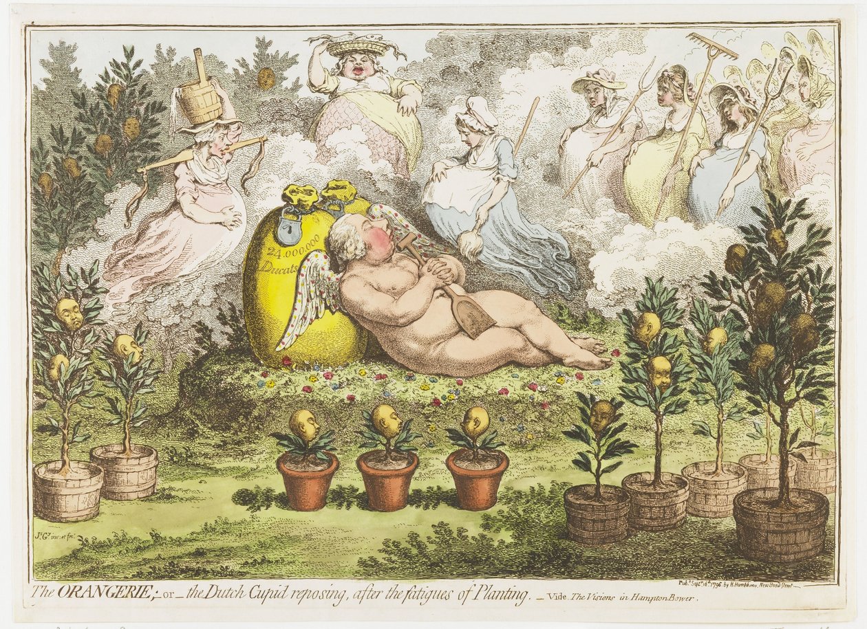 The Orangerie: The Dutch Cupid ، يستريح من تعب الزراعة ، 1796 البرتقال أو إعادة وضع كيوبيد الهولندي ، بعد تعب الزراعة (العنوان على الكائن) بواسطة جيمس جيلراي (توقيع الفنان)