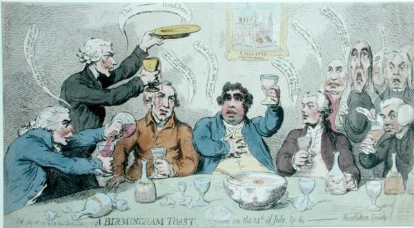 نخب برمنغهام ، كما تم تقديمه في 14 يوليو من قبل جمعية الثورة ، نشرته SW Fores في عام 1791 (نقش ملون يدويًا) بواسطة جيمس جيلراي
