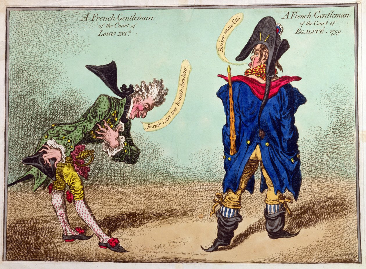 رجل فرنسي من محكمة لويس السادس عشر ورجل فرنسي من محكمة إيجاليت ، نُشر عام 1799 (حفر يدوي اللون) بواسطة جيمس جيلراي