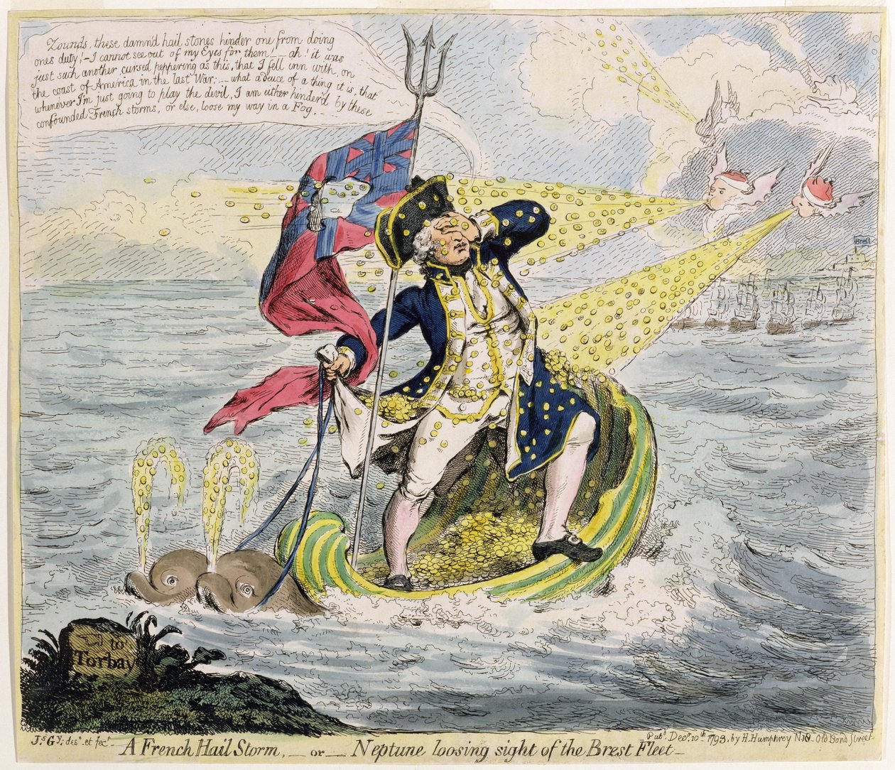 عاصفة حائل فرنسية ، أو نبتون تفقد البصر عن أسطول بريست ، نشرته هانا همفري في عام 1793 (النقش الملون يدويًا) بواسطة جيمس جيلراي
