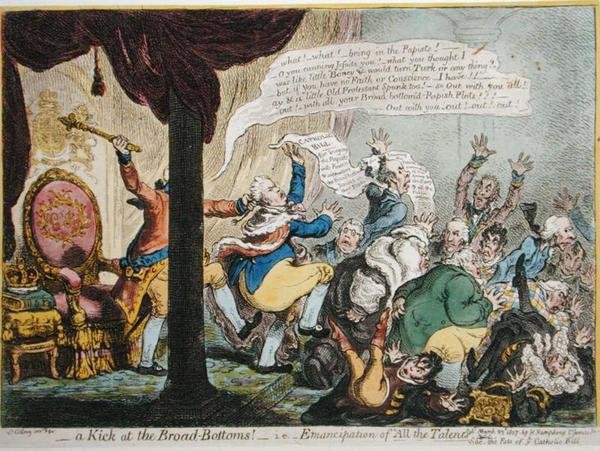 ركلة في القيعان العريضة! - على سبيل المثال - تحرير "جميع المواهب" ، الذي نشرته هانا همفري عام 1807 (نقش ملون يدويًا باستخدام رسم مائي) بواسطة جيمس جيلراي