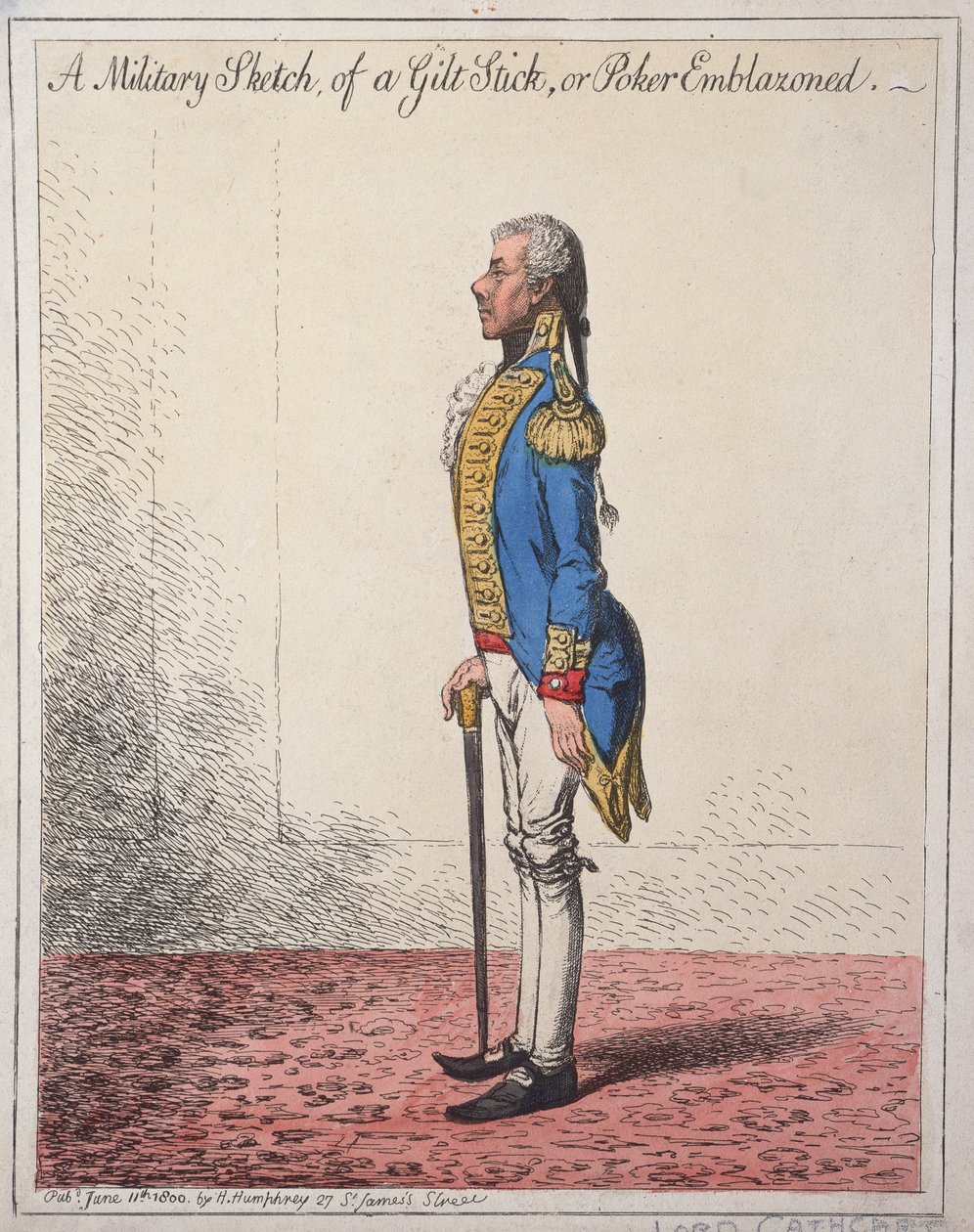 رسم عسكري لعصا مذهب ، أو بوكر مزخرف ، نشرته هانا همفري في عام 1800 (النقش الملون يدويًا) بواسطة جيمس جيلراي