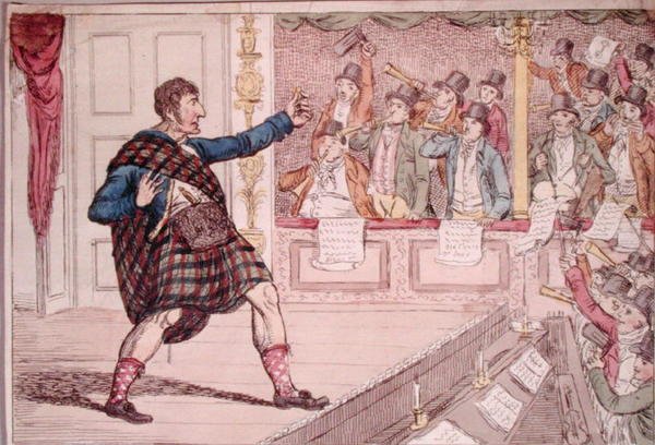 محاكاة ساخرة لـ Macbeth's Soliloquy at Covent Garden Theatre ، الذي نشره Walker في عام 1809 (نقش ملون يدويًا) بواسطة جيمس جيلراي