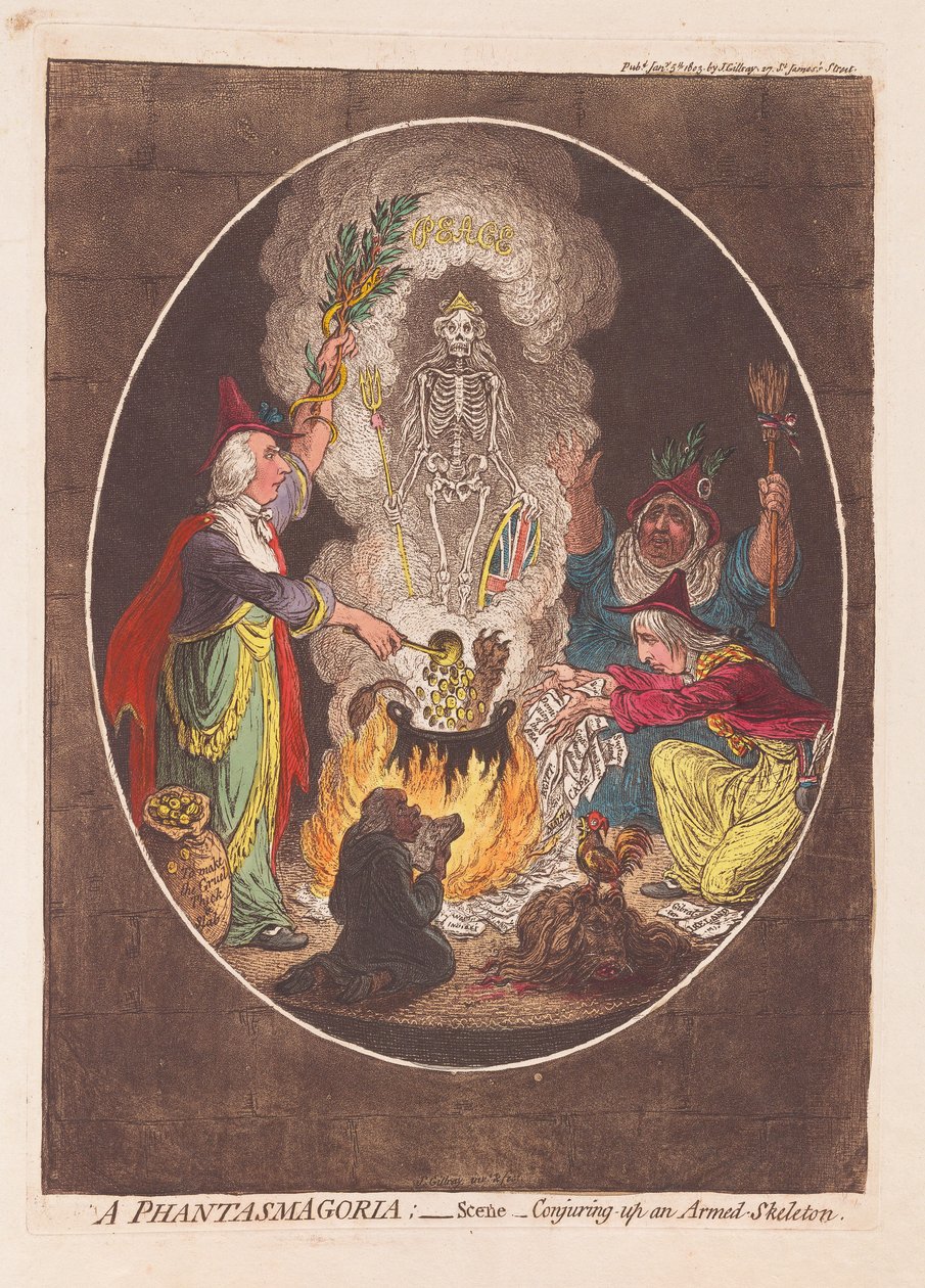 A Phantasmagoria: Scene - استحضار هيكل عظمي مسلح ، حانة. 1803 (نقش ملون يدوي) بواسطة جيمس جيلراي