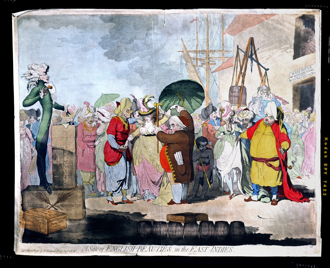 بيع الحسناوات الإنجليزيات في جزر الهند الشرقية، نشره دبليو هولاند عام 1786 (نقش يدوي ملون مع أكواتينت) بواسطة جيمس جيلراي