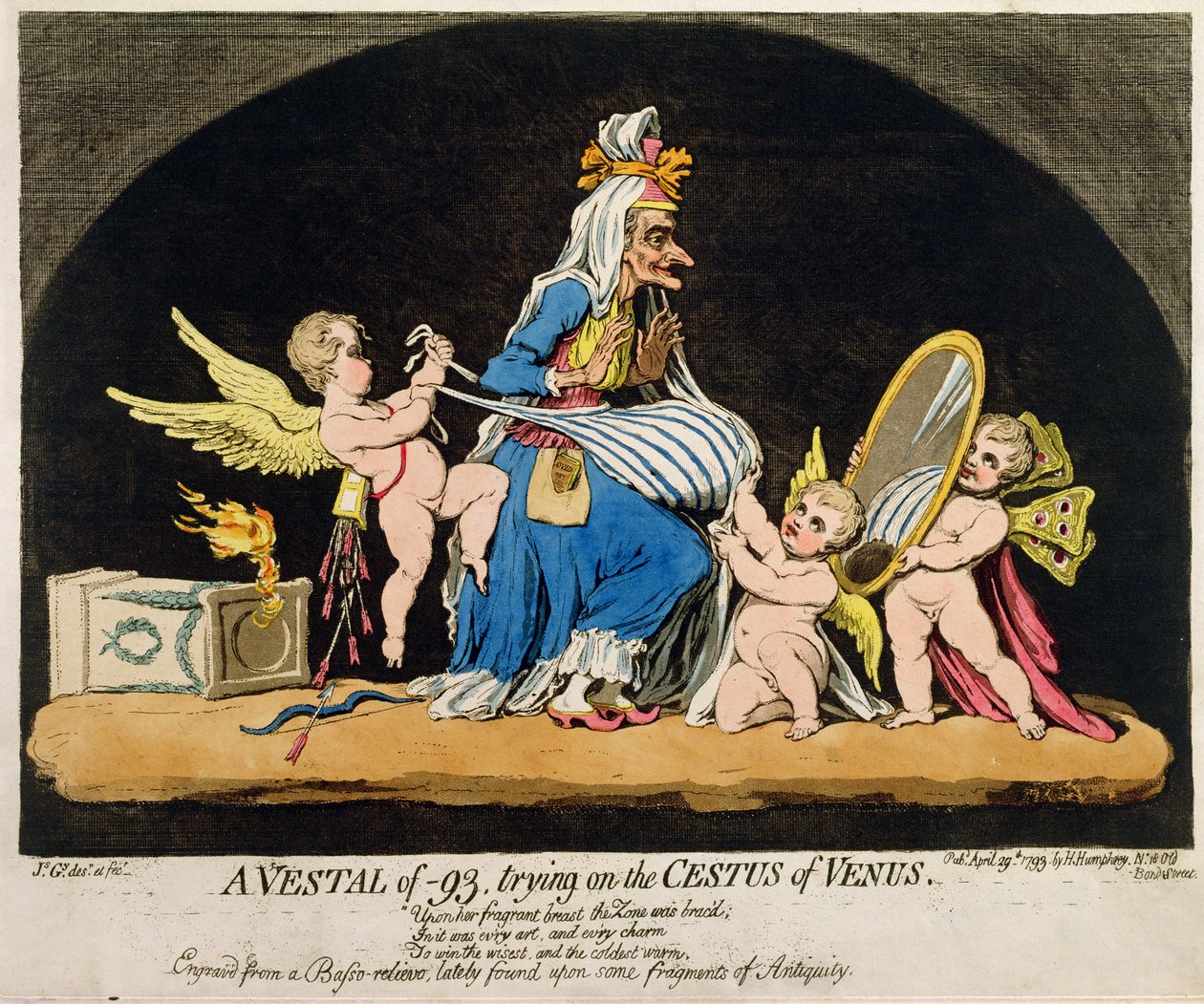 فيستال من -93 يحاول على Cestus of Venus ، نشرته هانا همفري في 1793 (النقش الملون باليد والنقش باستخدام aquatint) بواسطة جيمس جيلراي