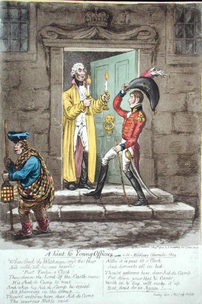 تلميح إلى الضباط الشباب ، نشرته هانا همفري عام 1804 (نقش ملون يدويًا) بواسطة جيمس جيلراي