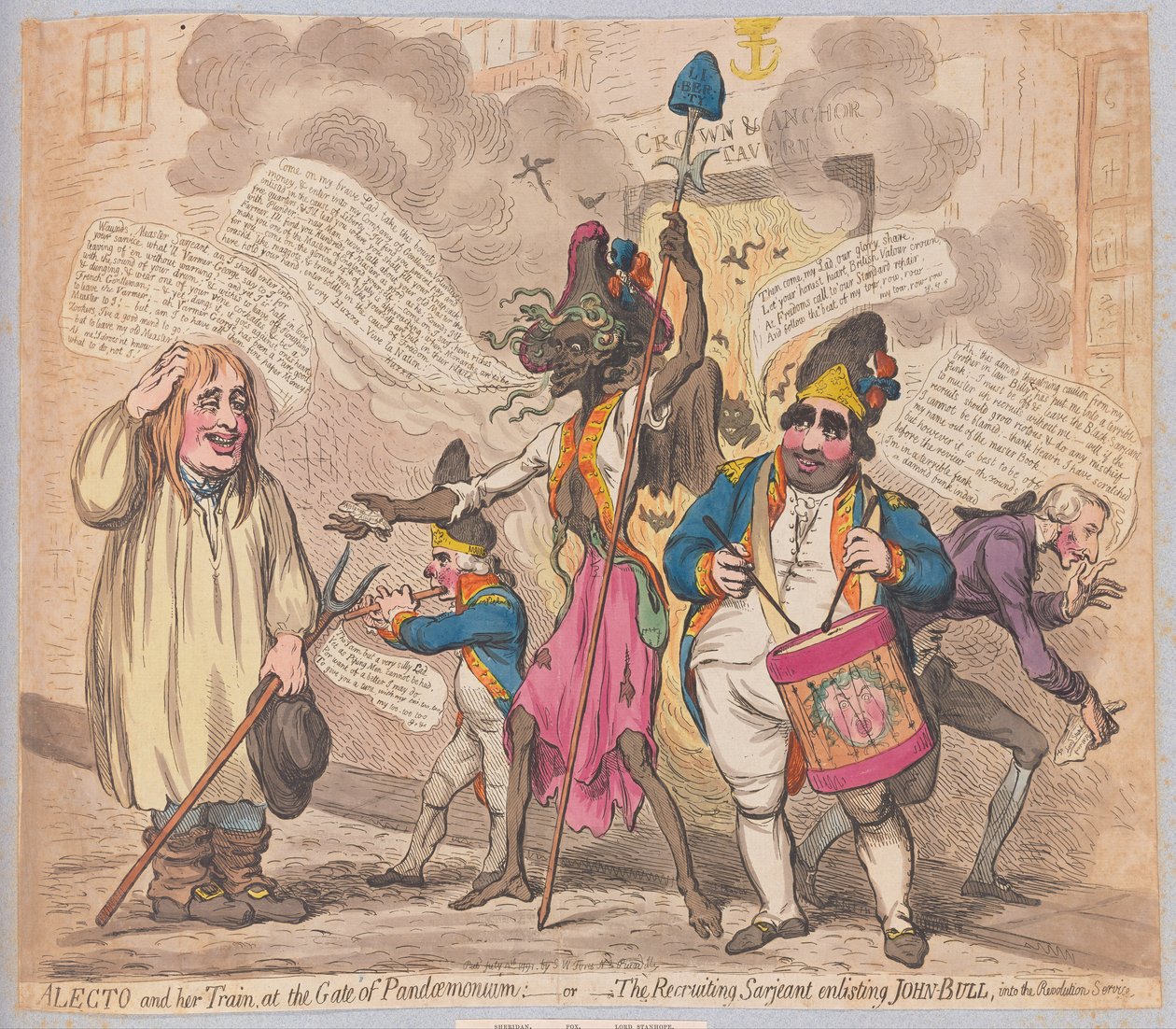 Alecto وقطارها عند بوابة Pandaemonium أو The Recruiting Sarjeant الذي يوجه جون بول إلى خدمة الثورة ، حانة. (نقش يدوي) بواسطة جيمس جيلراي