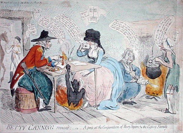 إحياء Betty Canning ، أو لمحة في استحقاق Mary Squires & the Gypsey Family ، التي نشرتها JM Fobes في عام 1791 (نقش ملون يدويًا) بواسطة جيمس جيلراي