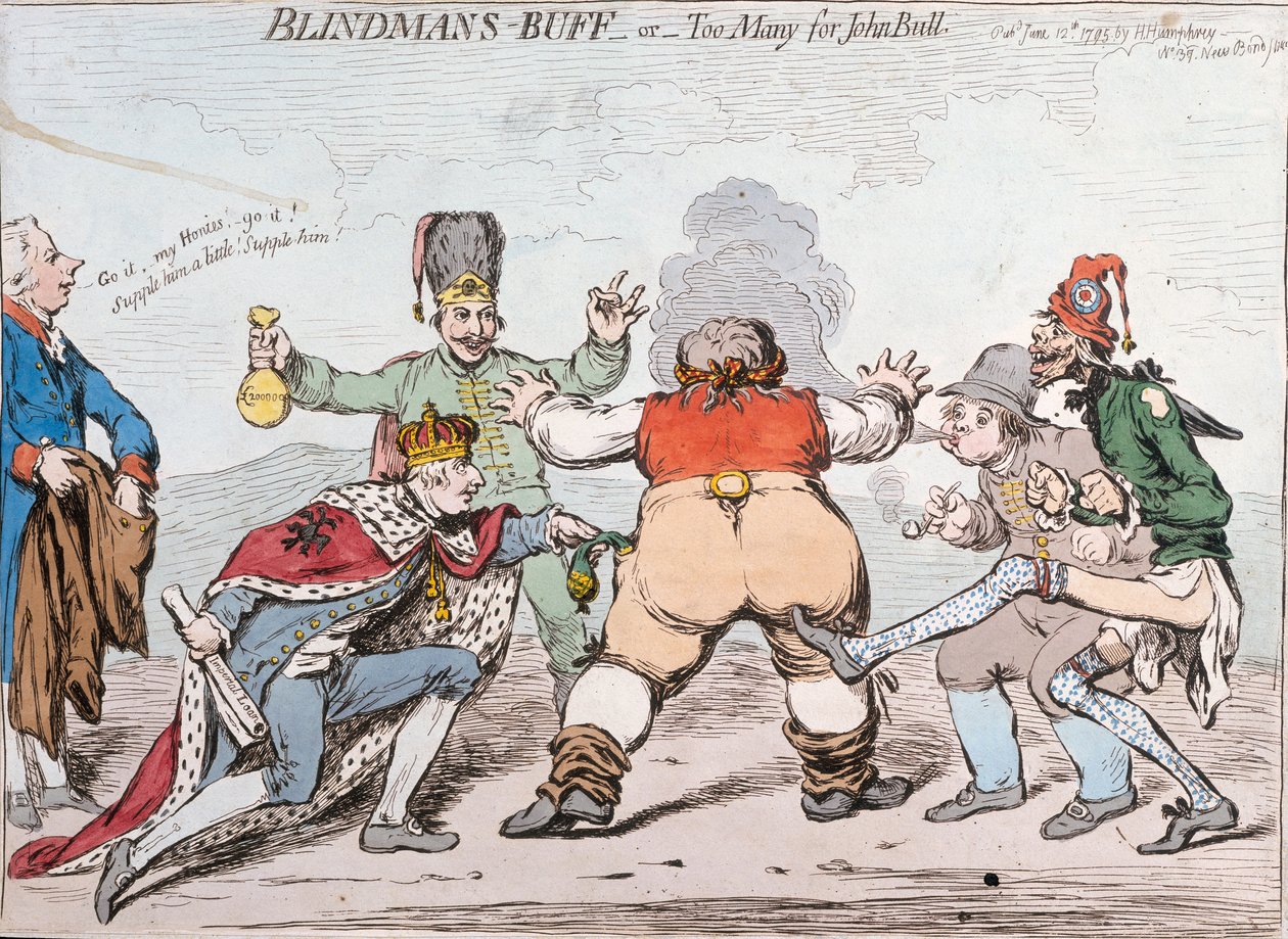 برت بليندمان ، أو Too Many for John Bull ، نشرته Hannah Humphrey في عام 1795 (النقش الملون يدويًا) بواسطة جيمس جيلراي