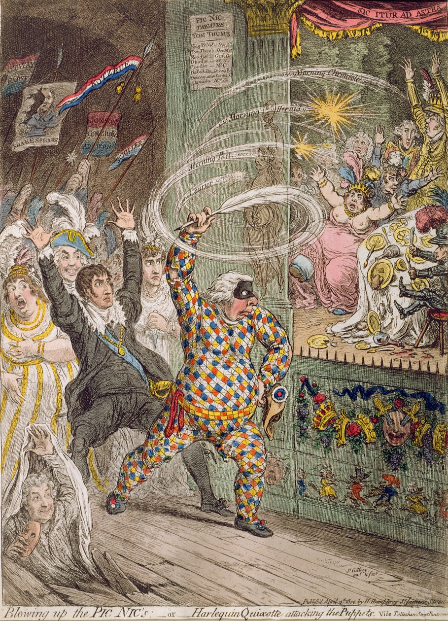 تفجير Pic Nic&39;s ، أو Harlequin Quixotte مهاجمة الدمى ، التي نشرتها هانا همفري في عام 1802 (النقش الملون يدويًا باستخدام aquatint) بواسطة جيمس جيلراي