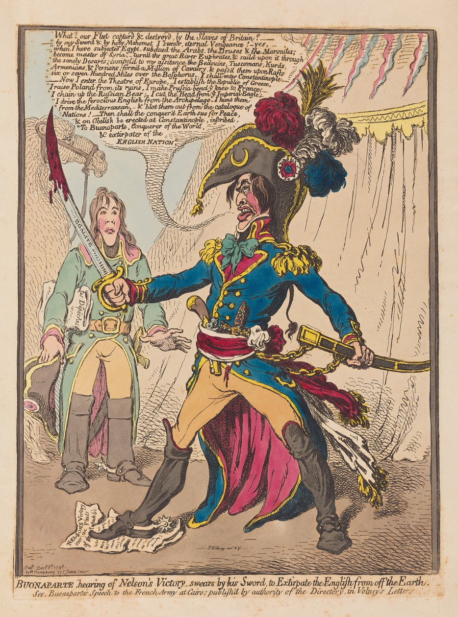 سمع بونابرت عن نيلسون فيكتوري يقسم بسيفه على إبعاد الإنجليزية من الأرض ، حانة. 1798 (نقش يدوي) بواسطة جيمس جيلراي