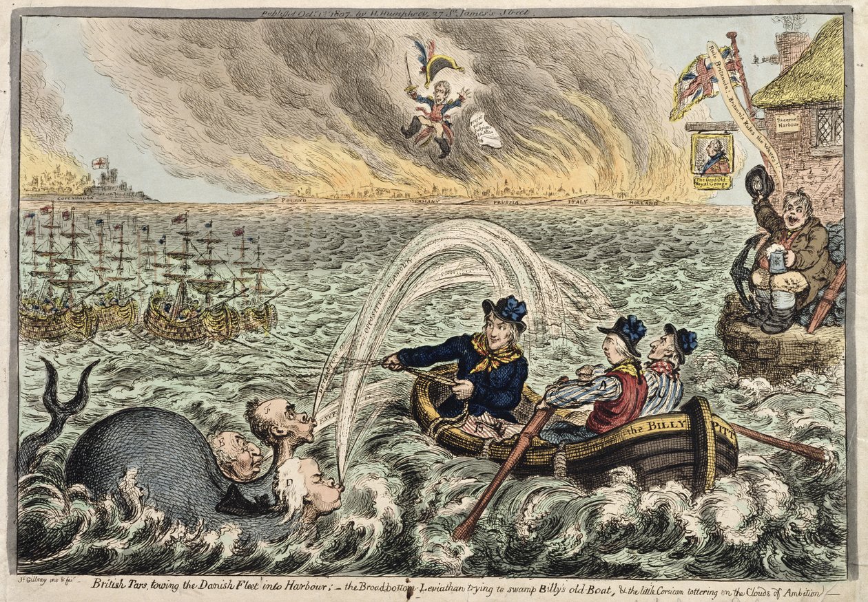 القطران البريطاني يسحب الأسطول الدنماركي إلى الميناء ، أو The Broadbottom Leviathan يحاول إغراق قارب بيلي القديم ، والكوريسي الصغير الذي يتداعى على غيوم الطموح ، 1807 (النقش الملون يدويًا) بواسطة جيمس جيلراي
