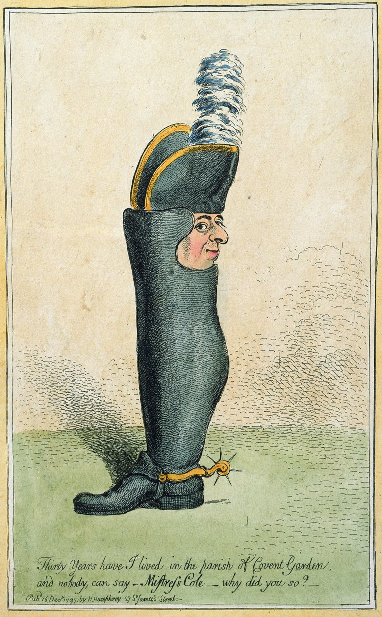 كارتون يصور العقيد جستلي واتسون مع جسد حذاء ، نشرته هانا همفري عام 1797 (حفر يدوي اللون) بواسطة جيمس جيلراي