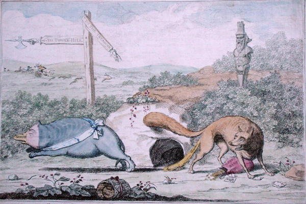 تغيير الأماكن ، أو فوكس يخرج الغرير من عشه ، الذي نشره ويليام همفري عام 1782 (نقش ملون يدويًا) بواسطة جيمس جيلراي