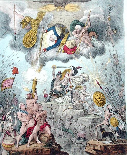 التحالف الكونفدرالي ، أو The Giants Storming Heaven ، الذي نشرته هانا همفري في عام 1804 (النقش والنقش والرسومات المائية والألوان المائية على الورق) بواسطة جيمس جيلراي
