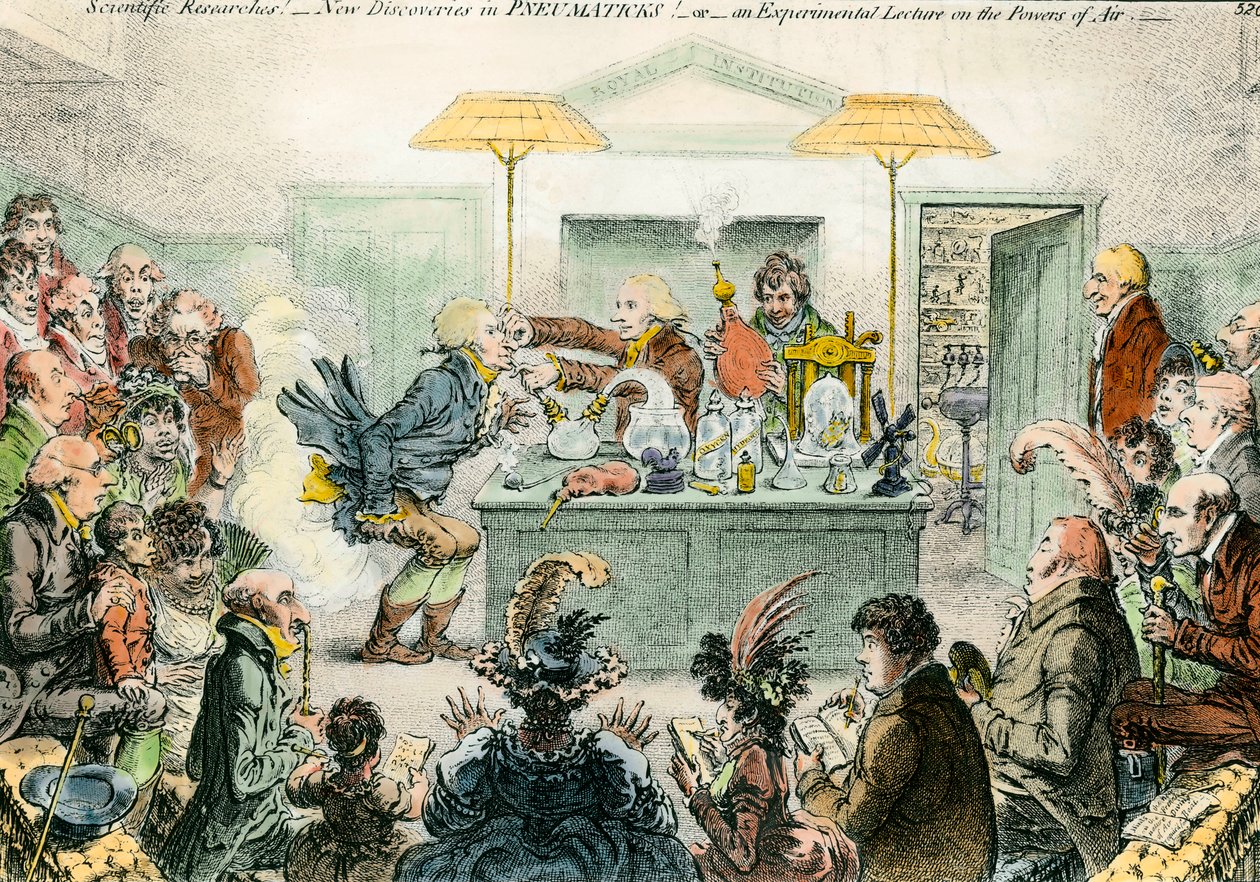 English satire on science: new discoveries in pneumatic materials. Satirical drawing on the enthusiasm for scientific conferences in the 19th century. Engraving by James Gillray (1757-1815) بواسطة جيمس جيلراي