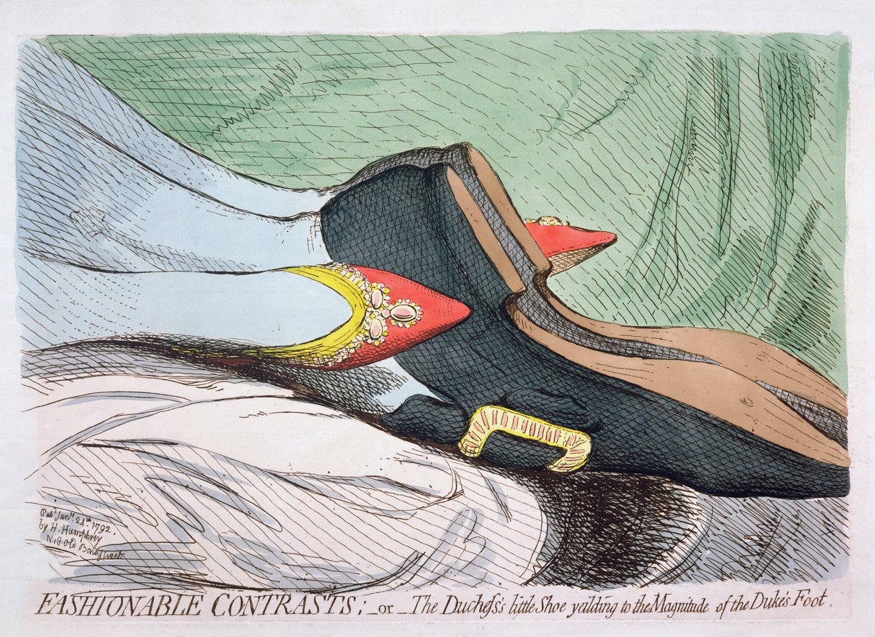 تناقضات عصرية ، أو حذاء الدوقة الصغير الذي ينتج حجم قدم الدوق ، نشرته هانا همفري في 1792 (النقش مع مرحاض) بواسطة جيمس جيلراي