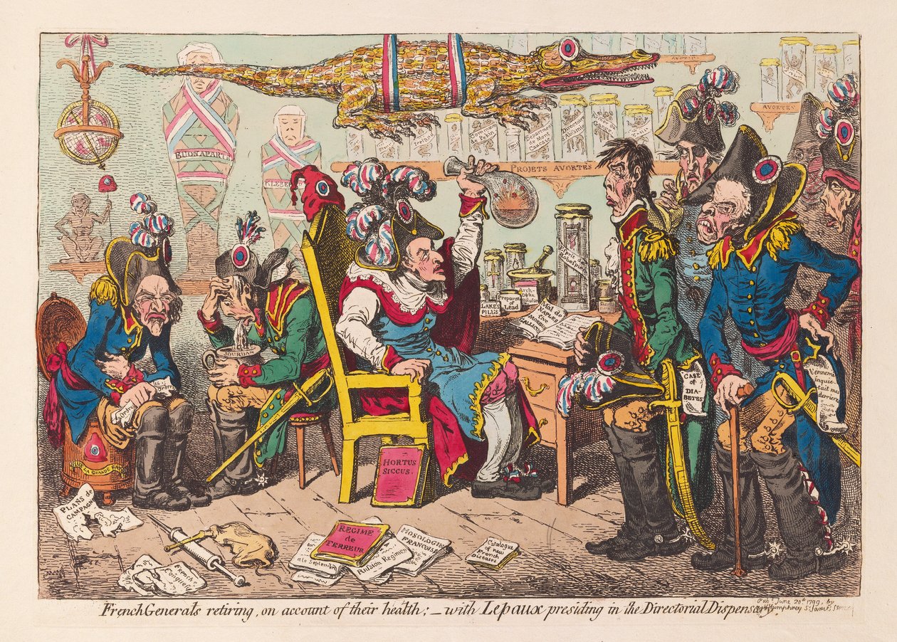 اعتزال الجنرالات الفرنسيين بسبب صحتهم: - مع رئاسة Lepaux في المستوصف الإداري ، الحانة. 1799 (نقش ملون) بواسطة جيمس جيلراي