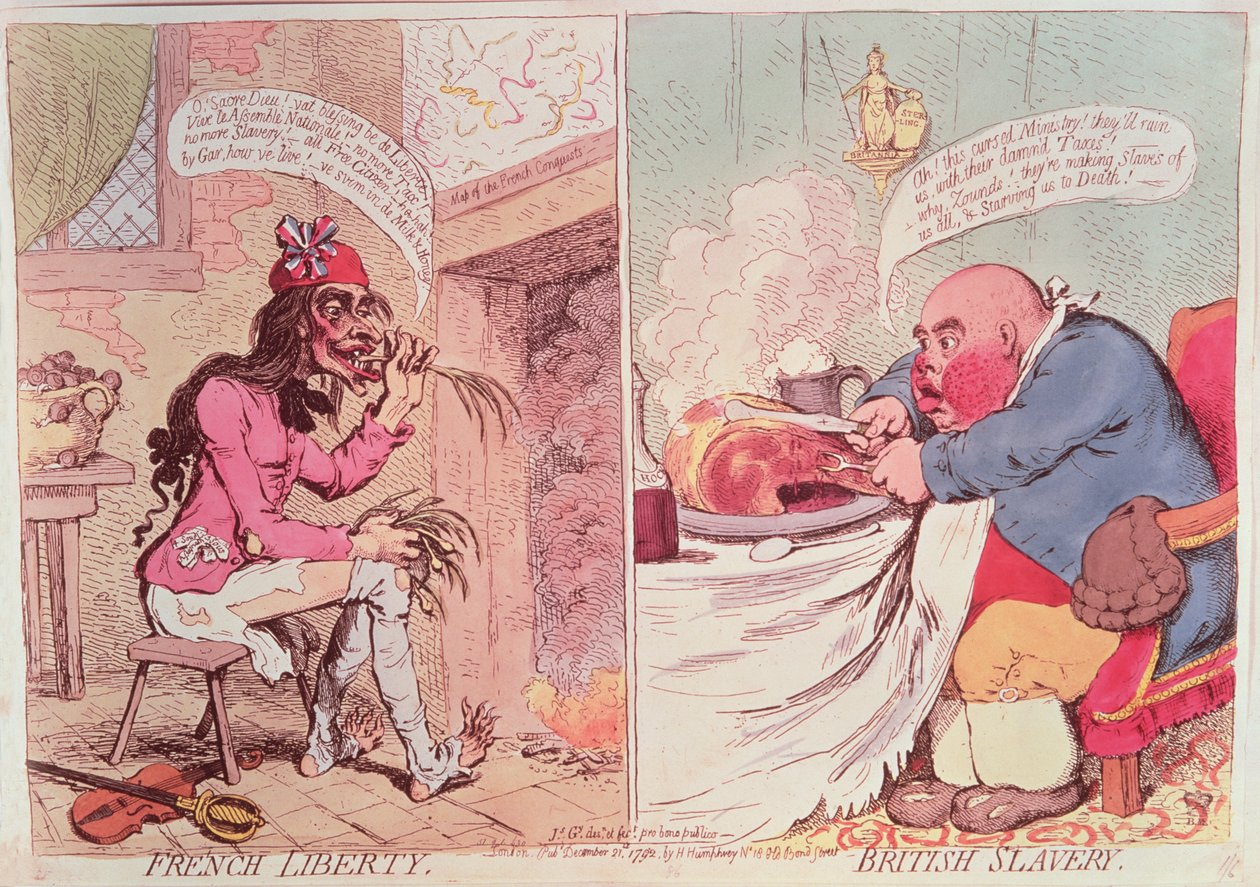الحرية الفرنسية: العبودية البريطانية، حوالي عام 1789، رسم كاريكاتوري ساخر بواسطة جيمس جيلراي