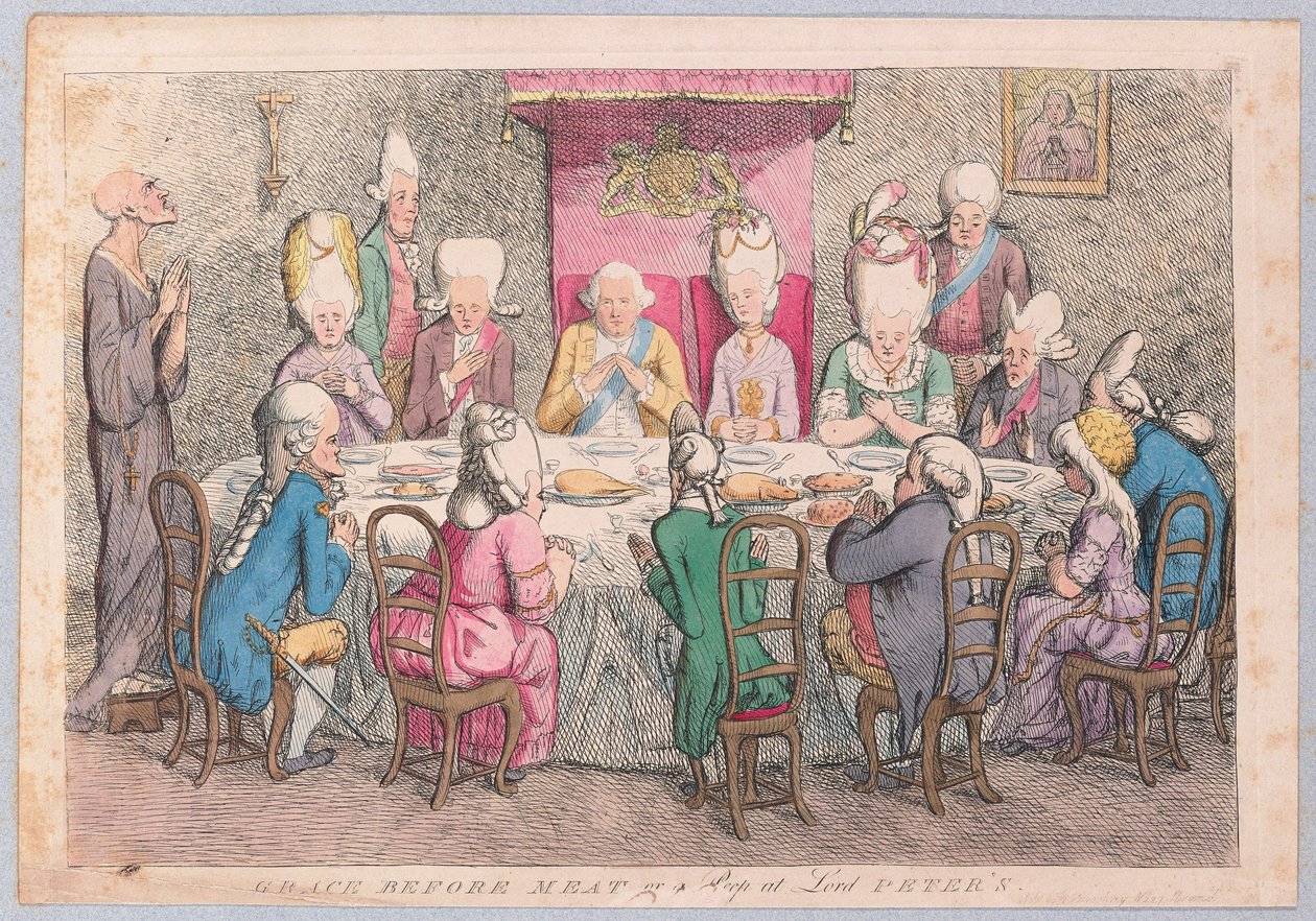 نعمة قبل اللحم أو زقزقة في حانة اللورد بيترز. 1779 (نقش يدوي) بواسطة جيمس جيلراي