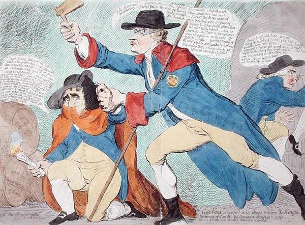 اكتشف جاي فو في محاولة لتدمير الملك وبيت اللوردات ، الذي نشرته هانا همفري في عام 1791 (نقش ملون يدويًا) بواسطة جيمس جيلراي