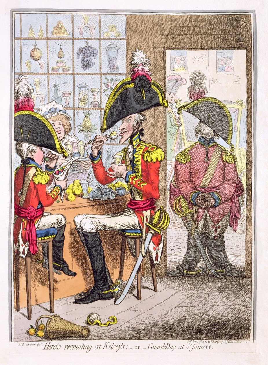 `` تجنيد البطل في Kelsey&39;s ، أو Guard-Day في St. James&39;s &39;، حانة. هانا همفري ، 1797 (النقش الملون) بواسطة جيمس جيلراي