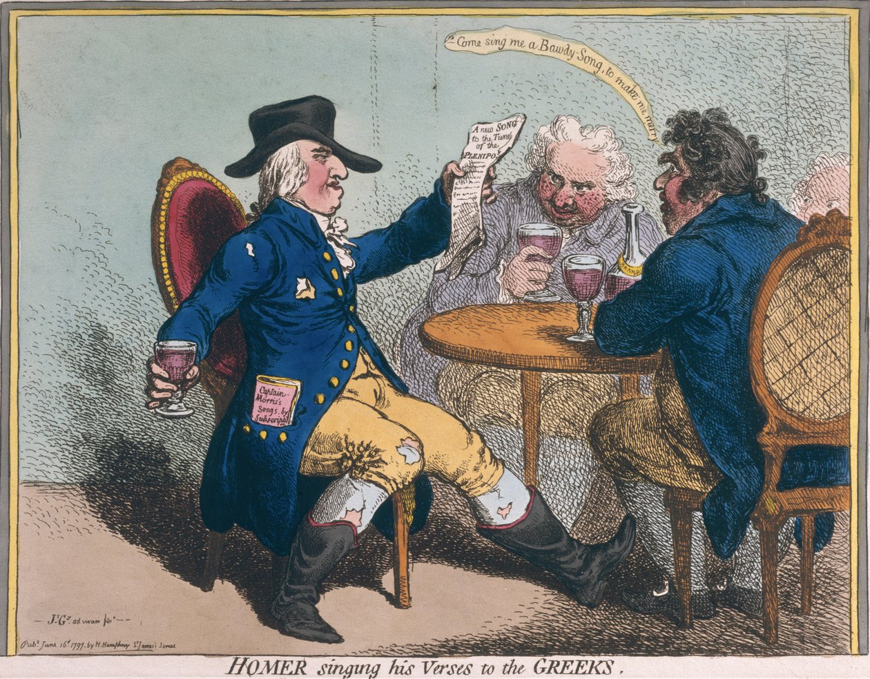 هوميروس يغني آياته إلى الإغريق ، التي نشرتها هانا همفري في عام 1797 (النقش الملون يدويًا) بواسطة جيمس جيلراي