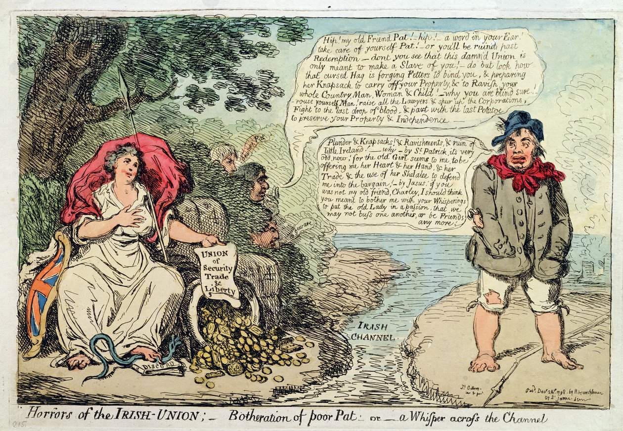 أهوال الاتحاد الأيرلندي: Botheration of Poor Pat ، أو A Whisper عبر القناة ، نشرتها Hannah Humphrey في عام 1798 (النقش اليدوي) بواسطة جيمس جيلراي