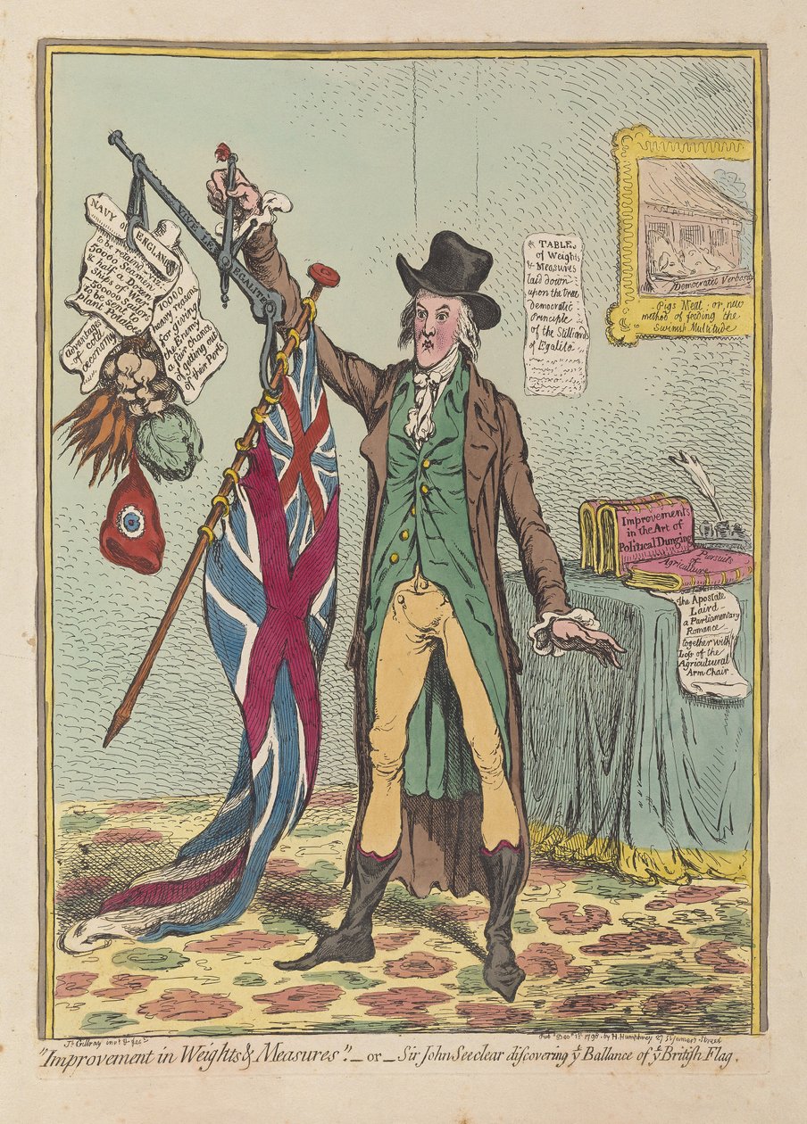 تحسن في الأوزان والمقاييس أو السير جون سيكلير اكتشف كل توازن في كل العلم البريطاني ، الحانة. 1798 (نقش يدوي) بواسطة جيمس جيلراي