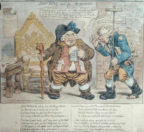 John Bull and the Alarmist ، الذي نشرته هانا همفري في عام 1803 (نقش ملون يدويًا) بواسطة جيمس جيلراي