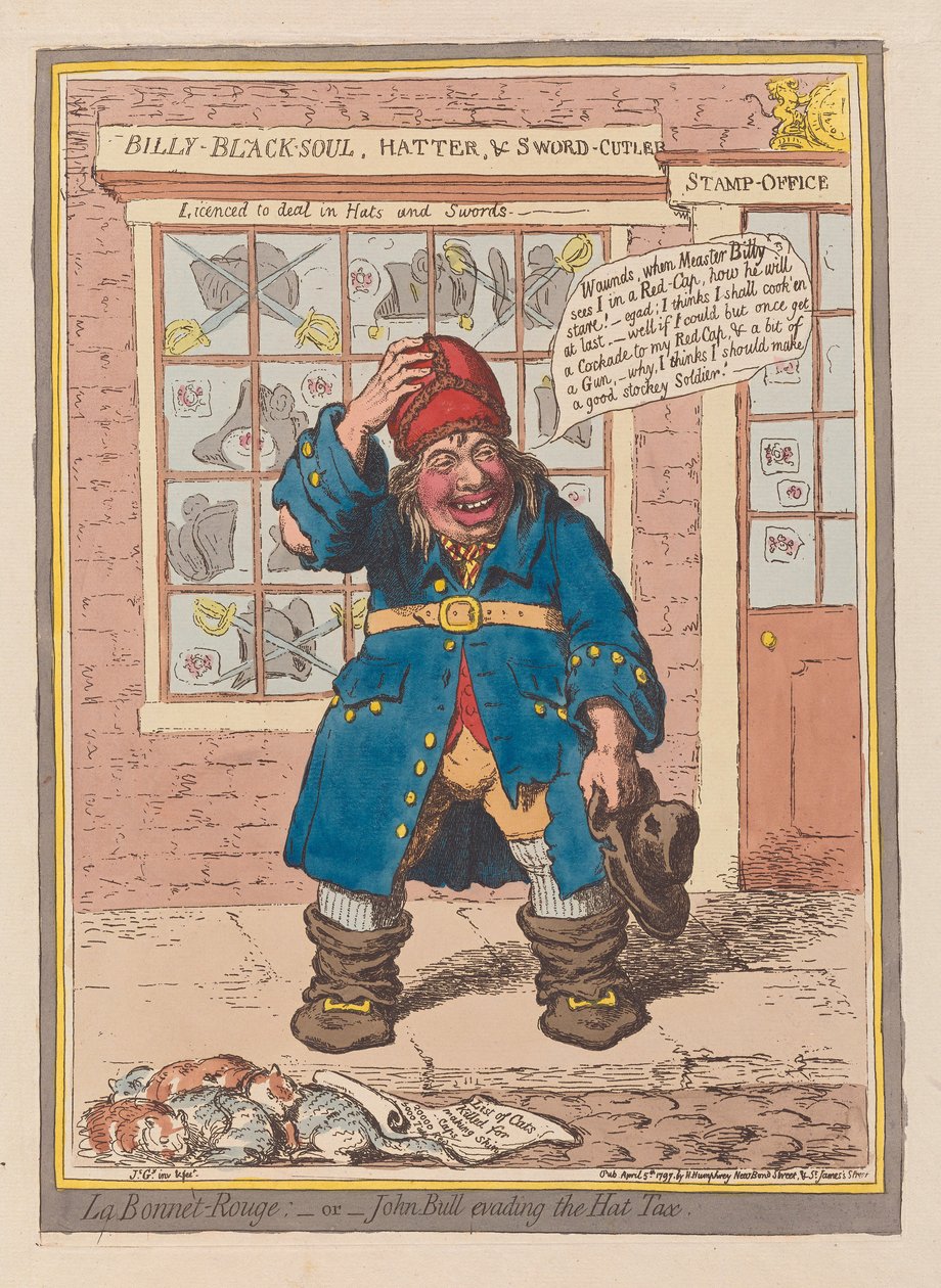 لا بونيه روج أو جون بول يتهرب من ضريبة القبعة ، حانة. 1797 (نقش ملون يدوي) بواسطة جيمس جيلراي