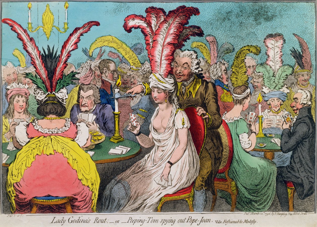 روت ليدي جوديفا ، أو Peeping-Tom التجسس على البابا جوان ، نشرته هانا همفري في عام 1796 (النقش الملون يدويًا) بواسطة جيمس جيلراي