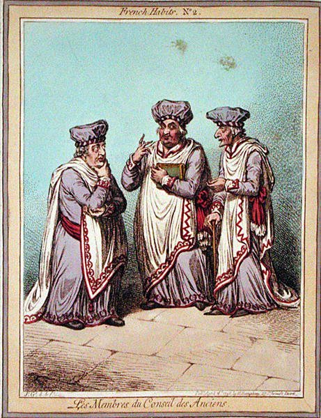 أعضاء مجلس الحكماء ، اللوحة 2 من "العادات الفرنسية" ، التي نشرتها هانا همفري عام 1798 (نقش ملون) بواسطة جيمس جيلراي