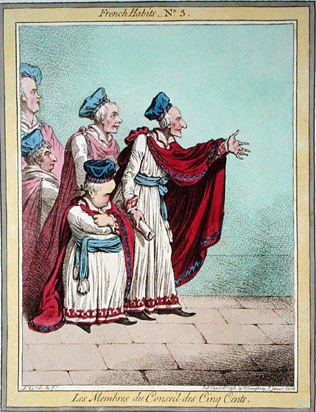 Les Membres du Conseil des Cinq Cents ، اللوحة 3 من "العادات الفرنسية" ، التي نشرتها هانا همفري في عام 1798 (النقش الملون) بواسطة جيمس جيلراي