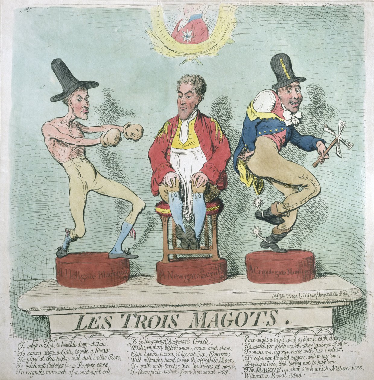 Les Trois Magots ، نشرتها هانا همفري في 1791 (النقش الملون يدويًا) بواسطة جيمس جيلراي