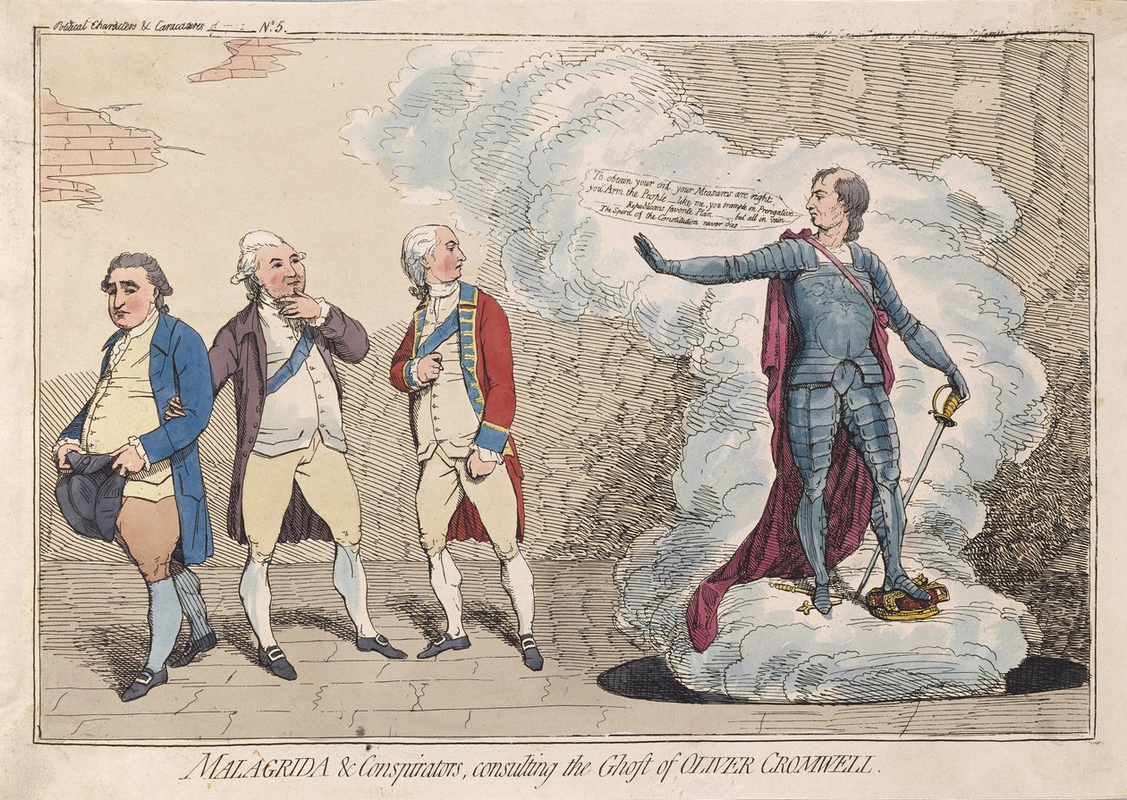 Malagrida & Conspirators ، استشارة شبح أوليفر كرومويل ، الحانة. 1782 (نقش يدوي) بواسطة جيمس جيلراي