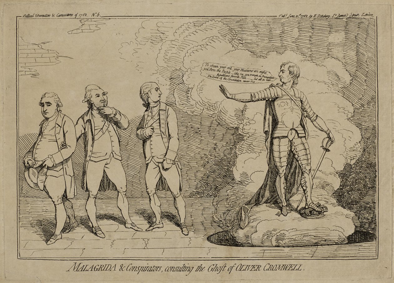 Malagrida and Conspirators ، استشارة شبح أوليفر كرومويل ، نُشرت في 10 يونيو 1782 (النقش على ورق مضغوط مرصع على ورق منسوج) بواسطة جيمس جيلراي