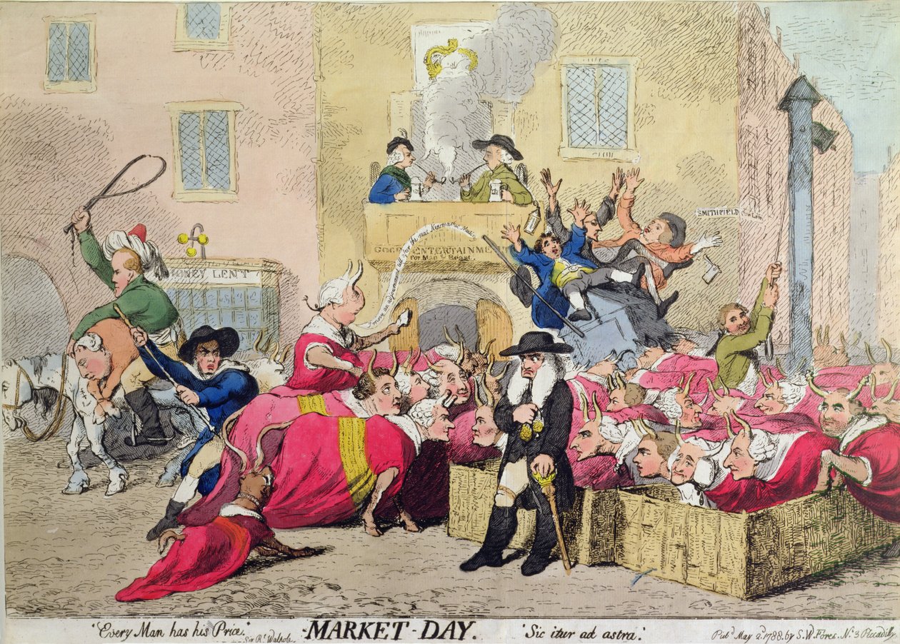 يوم السوق ، الذي نشرته SW Fores عام 1788 (حفر ملون يدويًا) بواسطة جيمس جيلراي