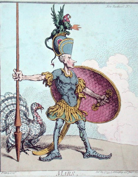كوكب المريخ ، الذي نشرته هانا همفري في "نيو بانثيون" عام 1799 (نقش ملون يدويًا) بواسطة جيمس جيلراي