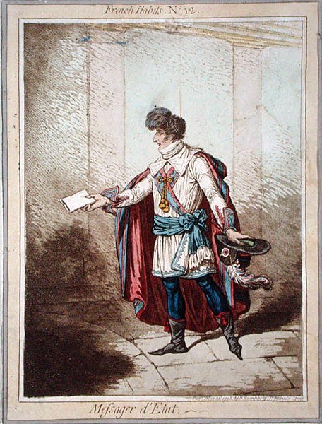 Messager de L'Etat ، اللوحة 12 من "العادات الفرنسية" التي نشرتها هانا همفري عام 1798 (نقش ملون) بواسطة جيمس جيلراي