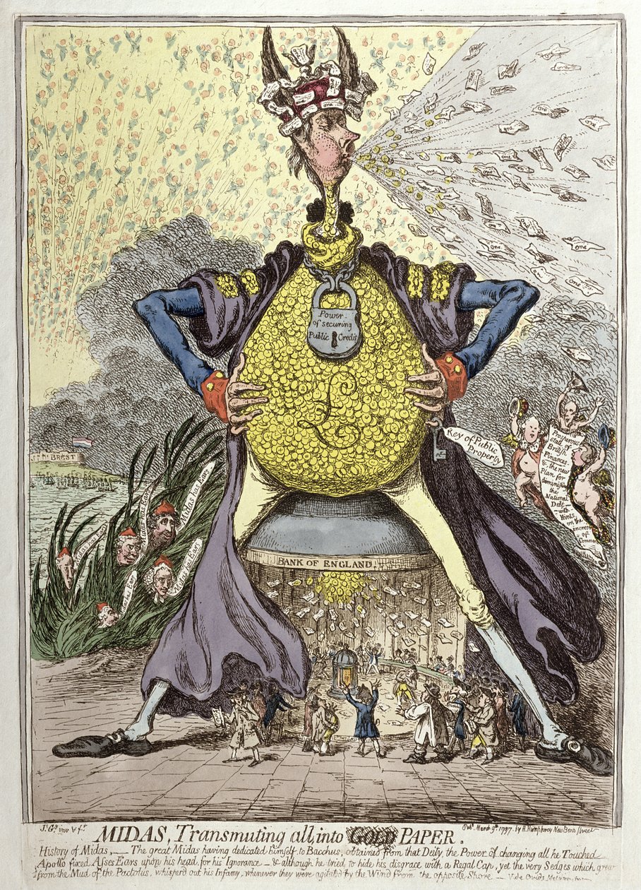 ميداس ينقل الكل إلى ورق الذهب ، نشرته هانا همفري في 1797 (النقش الملون يدويًا) بواسطة جيمس جيلراي
