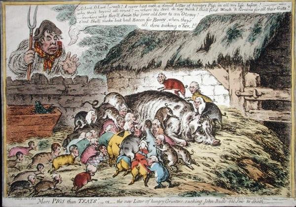 عدد الخنازير أكثر من الحلمات ، الذي نشرته هانا همفري عام 1806 (نقش ملون يدويًا) بواسطة جيمس جيلراي