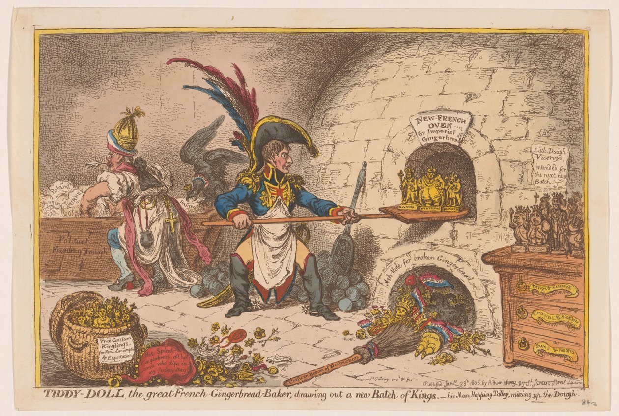 نابليون يخبز جزءًا آخر من الملوك ، 1806 تيدي دول ، الفرنسي العظيم ، الزنجبيل ، بيكر ؛ رسم مجموعة جديدة من الملوك (العنوان على الكائن) بواسطة جيمس جيلراي