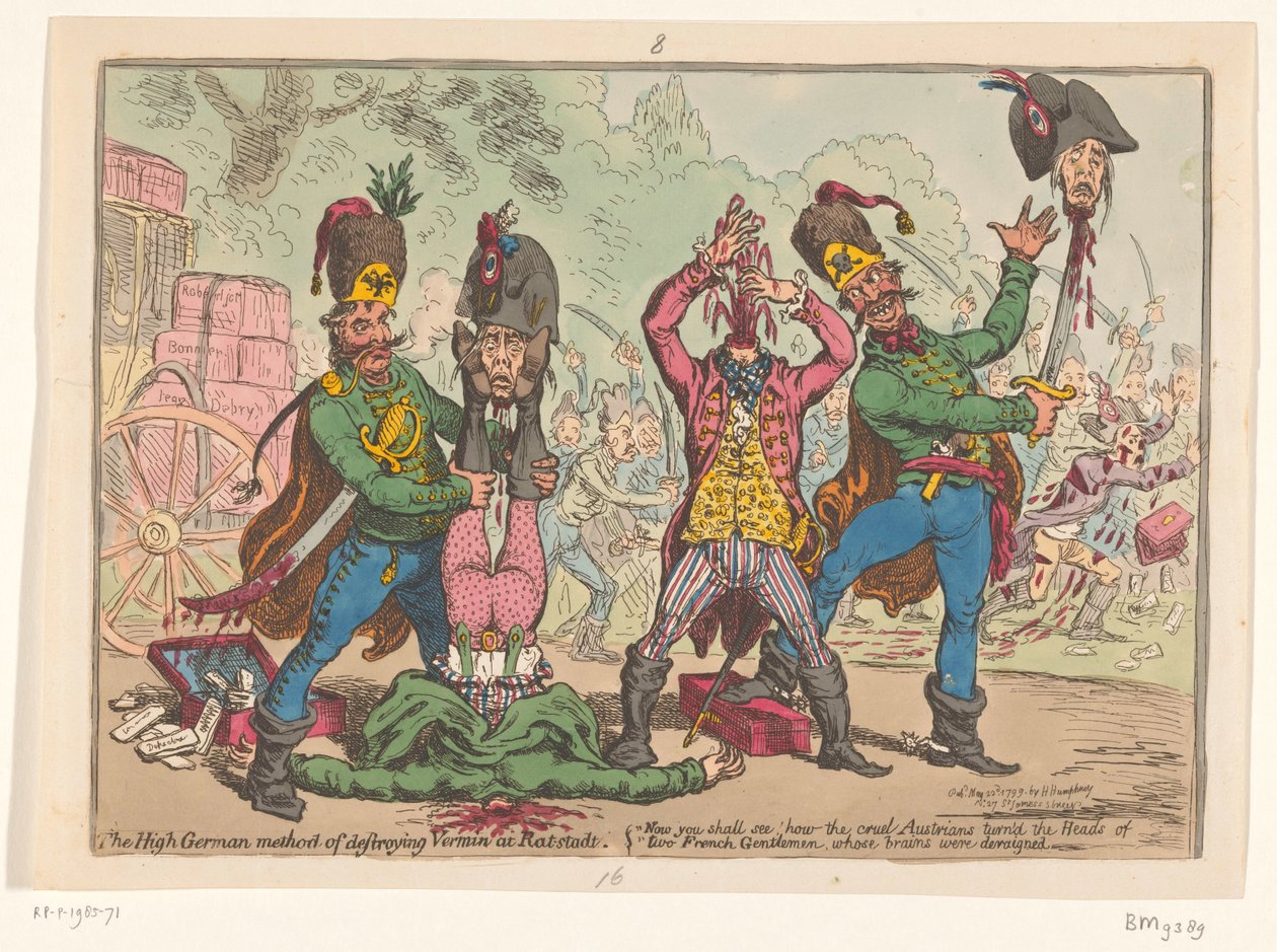 معاملة النمسا للمبعوثين الفرنسيين ، 1799 الطريقة الألمانية العليا لتدمير الحشرات في رات شتات (العنوان على الكائن) بواسطة جيمس جيلراي