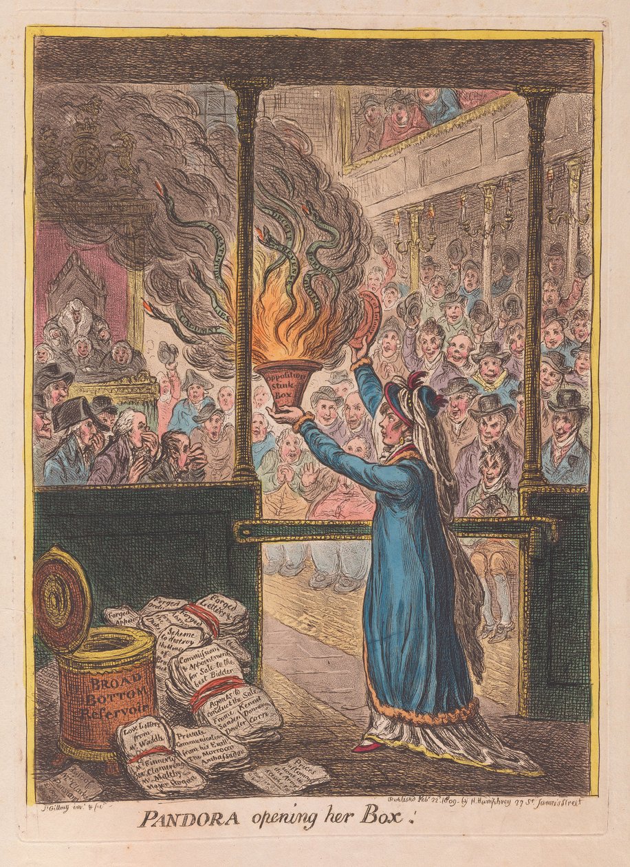 باندورا تفتح صندوقها ، حانة. 1809 (نقش ملون) بواسطة جيمس جيلراي